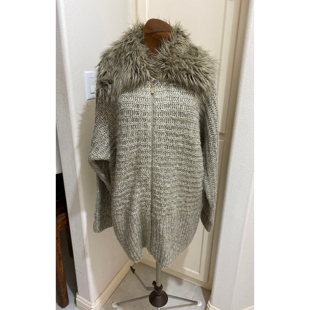VINTAGE SPIEGEL Sweater coat faux fur detachable collar Size L/XL